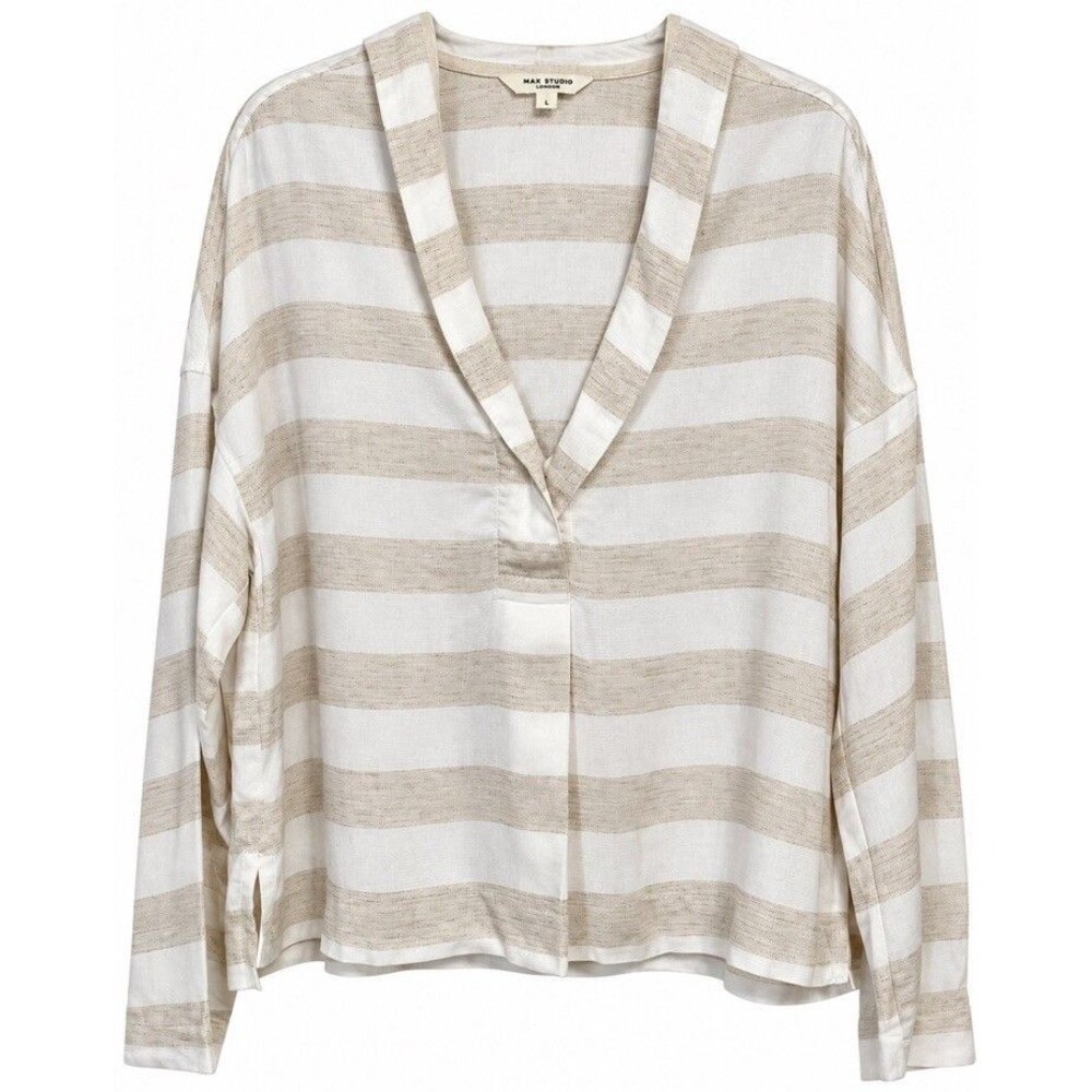 Max Studio London Linen Mix Hooded Top Large Beige Ivory Stripe Coastal Relaxed